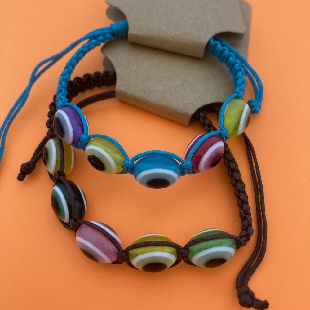 2 Evil Eye Bracelets Black And Blue Braided Cord Rope